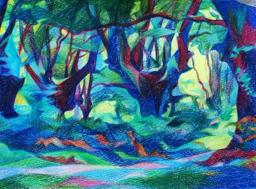 Paysage: L'Aube en Marche, Crayons de Couleurs Paysage: L'Aube en Marche, Crayons de Couleurs