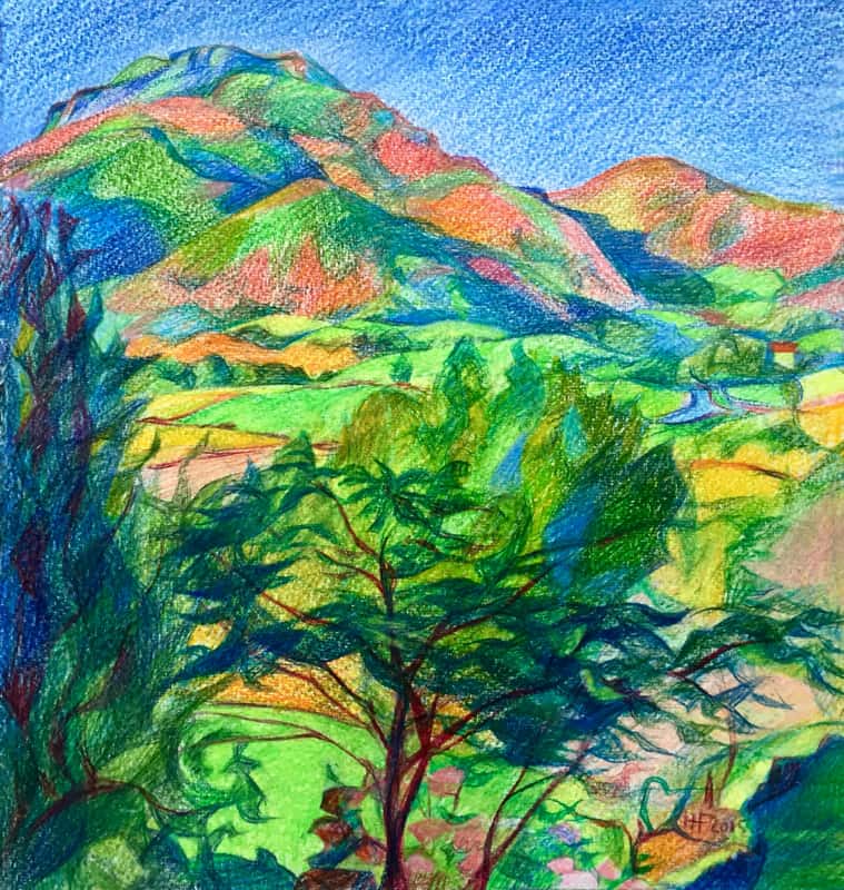 Paysage: La Rhune en Automne, Crayons de Couleurs Paysage: La Rhune en Automne, Crayons de Couleurs