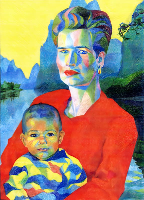 Portrait: Mère et Enfant en Chine aux Crayons de Couleurs